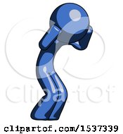 Blue Design Mascot Man With Headache Or Covering Ears Turned To His Right