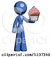 Poster, Art Print Of Blue Design Mascot Woman Presenting Pink Cupcake To Viewer