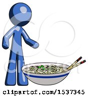 Poster, Art Print Of Blue Design Mascot Man And Noodle Bowl Giant Soup Restaraunt Concept