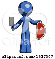 Blue Design Mascot Man Holding Large Steak With Butcher Knife by Leo Blanchette