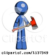 Poster, Art Print Of Blue Design Mascot Man Holding Red Fire Fighters Ax