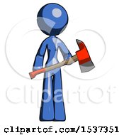 Poster, Art Print Of Blue Design Mascot Woman Holding Red Fire Fighters Ax