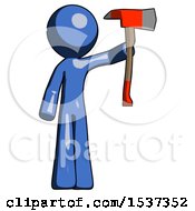 Poster, Art Print Of Blue Design Mascot Man Holding Up Red Firefighters Ax