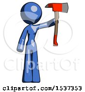 Poster, Art Print Of Blue Design Mascot Woman Holding Up Red Firefighters Ax