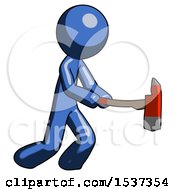 Poster, Art Print Of Blue Design Mascot Man With Ax Hitting Striking Or Chopping