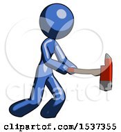 Poster, Art Print Of Blue Design Mascot Woman With Ax Hitting Striking Or Chopping