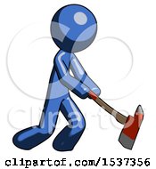 Poster, Art Print Of Blue Design Mascot Man Striking With A Red Firefighters Ax