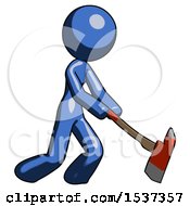 Poster, Art Print Of Blue Design Mascot Woman Striking With A Red Firefighters Ax