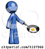 Poster, Art Print Of Blue Design Mascot Man Frying Egg In Pan Or Wok Facing Right