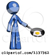 Poster, Art Print Of Blue Design Mascot Woman Frying Egg In Pan Or Wok Facing Right