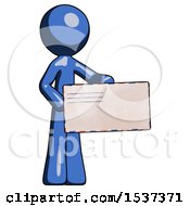Poster, Art Print Of Blue Design Mascot Man Presenting Large Envelope