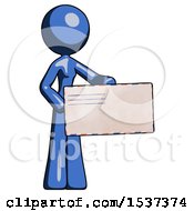 Poster, Art Print Of Blue Design Mascot Woman Presenting Large Envelope