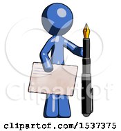 Poster, Art Print Of Blue Design Mascot Man Holding Large Envelope And Calligraphy Pen
