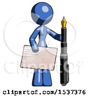 Poster, Art Print Of Blue Design Mascot Woman Holding Large Envelope And Calligraphy Pen