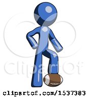 Poster, Art Print Of Blue Design Mascot Man Standing With Foot On Football