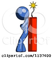 Poster, Art Print Of Blue Design Mascot Man Leaning Against Dynimate Large Stick Ready To Blow