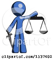 Poster, Art Print Of Blue Design Mascot Man Justice Concept With Scales And Sword Justicia Derived