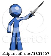 Blue Design Mascot Man Holding Sword In The Air Victoriously