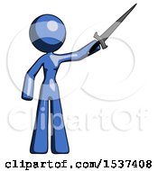 Poster, Art Print Of Blue Design Mascot Woman Holding Sword In The Air Victoriously