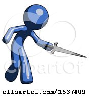 Poster, Art Print Of Blue Design Mascot Man Sword Pose Stabbing Or Jabbing