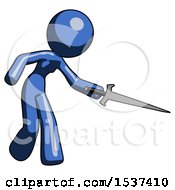 Poster, Art Print Of Blue Design Mascot Woman Sword Pose Stabbing Or Jabbing