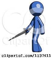 Poster, Art Print Of Blue Design Mascot Man With Sword Walking Confidently