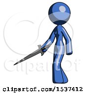 Poster, Art Print Of Blue Design Mascot Woman With Sword Walking Confidently
