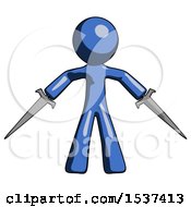 Poster, Art Print Of Blue Design Mascot Man Two Sword Defense Pose