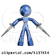 Poster, Art Print Of Blue Design Mascot Woman Two Sword Defense Pose