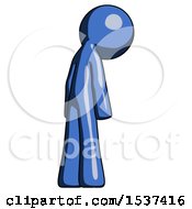 Poster, Art Print Of Blue Design Mascot Man Depressed With Head Down Back To Viewer Right