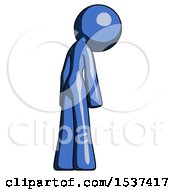 Blue Design Mascot Woman Depressed With Head Down Back To Viewer Right