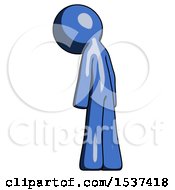 Blue Design Mascot Man Depressed With Head Down Back To Viewer Left