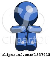 Blue Design Mascot Man Sitting With Head Down Facing Forward