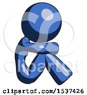 Blue Design Mascot Woman Sitting With Head Down Facing Sideways Right