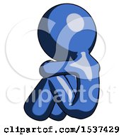 Blue Design Mascot Man Sitting With Head Down Back View Facing Left