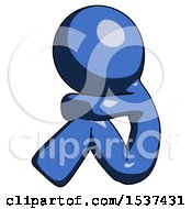Blue Design Mascot Man Sitting With Head Down Facing Sideways Left