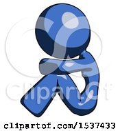 Blue Design Mascot Woman Sitting With Head Down Facing Sideways Left