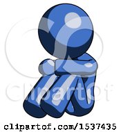 Blue Design Mascot Woman Sitting With Head Down Facing Angle Left