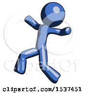 Poster, Art Print Of Blue Design Mascot Man Running Away In Hysterical Panic Direction Left
