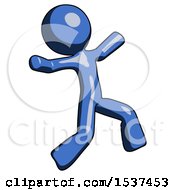 Poster, Art Print Of Blue Design Mascot Man Running Away In Hysterical Panic Direction Right