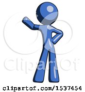 Blue Design Mascot Man Waving Right Arm With Hand On Hip