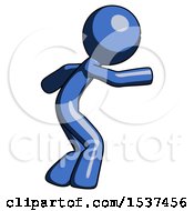 Blue Design Mascot Man Sneaking While Reaching For Something