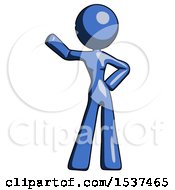 Blue Design Mascot Woman Waving Right Arm With Hand On Hip