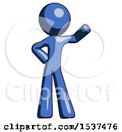 Blue Design Mascot Man Waving Left Arm With Hand On Hip