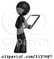 Black Design Mascot Woman Looking At Tablet Device Computer Facing Away