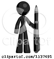 Black Design Mascot Woman Holding Large Pen