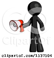 Black Design Mascot Man Holding Megaphone Bullhorn Facing Right