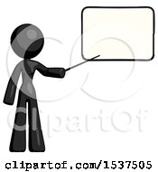 Black Design Mascot Woman Pointing At Dry-Erase Board With Stick Giving Presentation