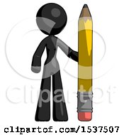 Black Design Mascot Woman With Large Pencil Standing Ready To Write
