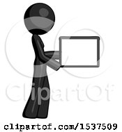 Poster, Art Print Of Black Design Mascot Woman Show Tablet Device Computer To Viewer Blank Area